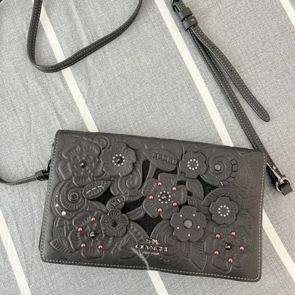 Coach Foldover Crossbody Clutch Metal Tea Rose Tooling